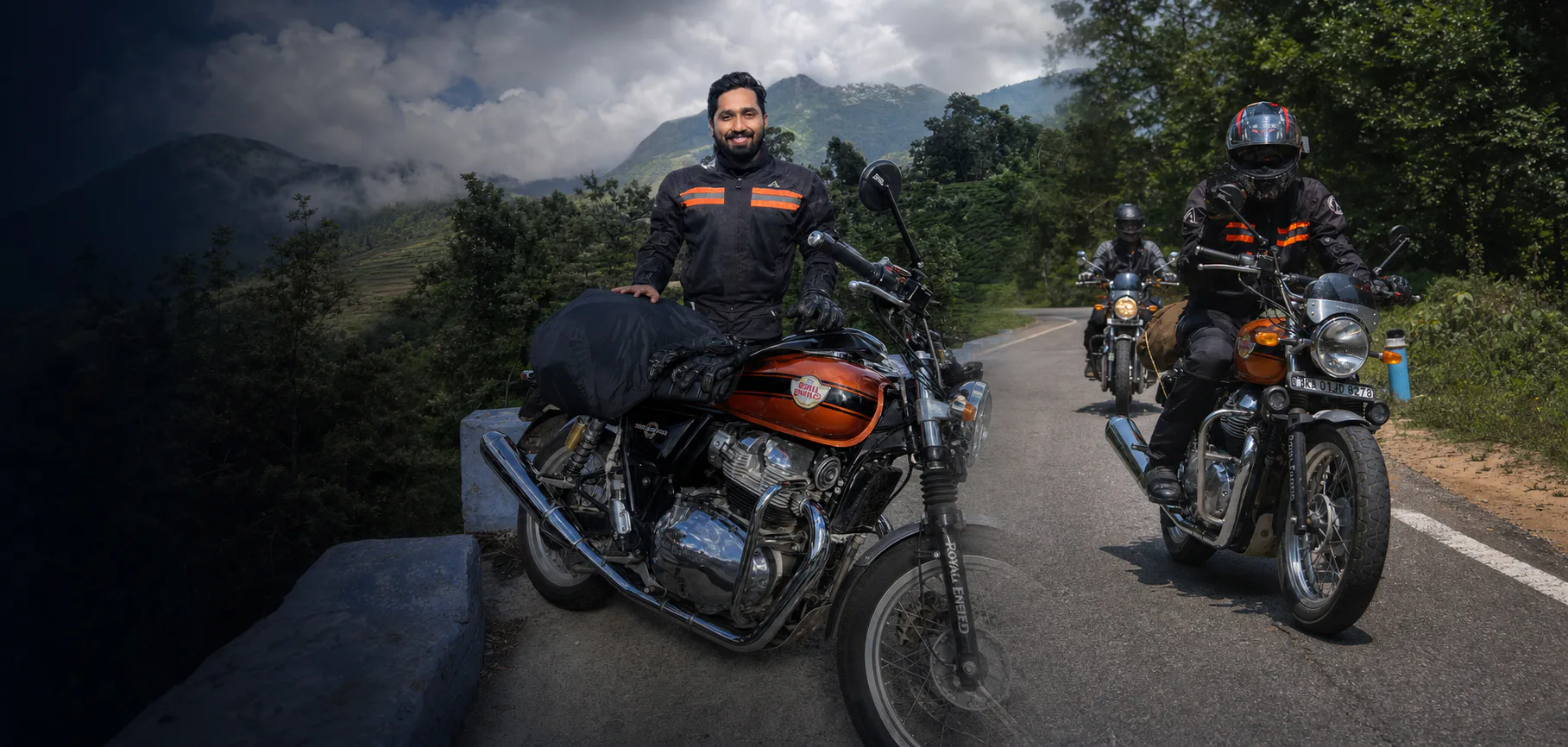Two moments from Evan D'Souza's Royal Enfield journey through the mountains and forest roads